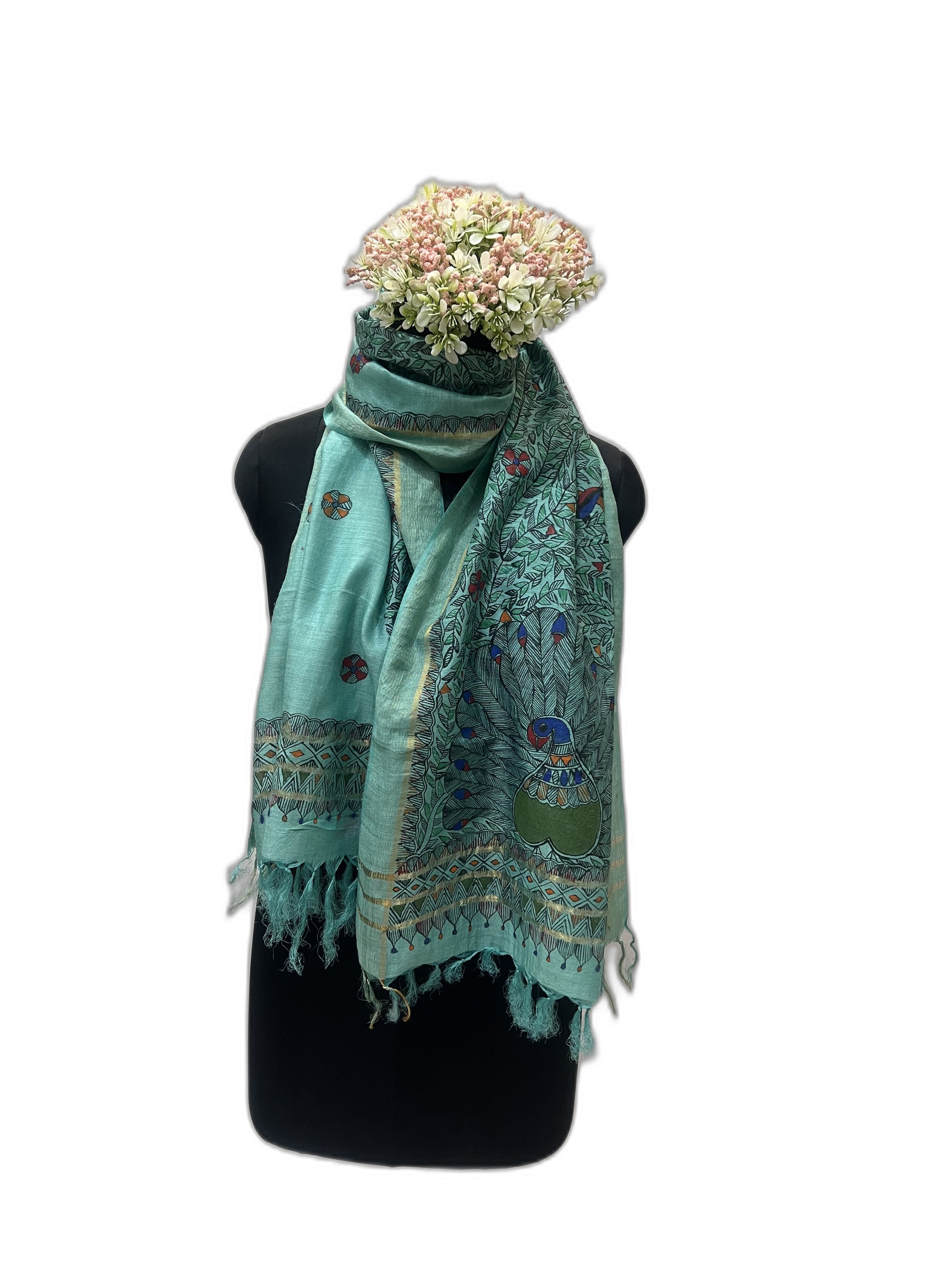 Handpainted Madhubani Tussar Munga Silk Stole in Green with Zari Border